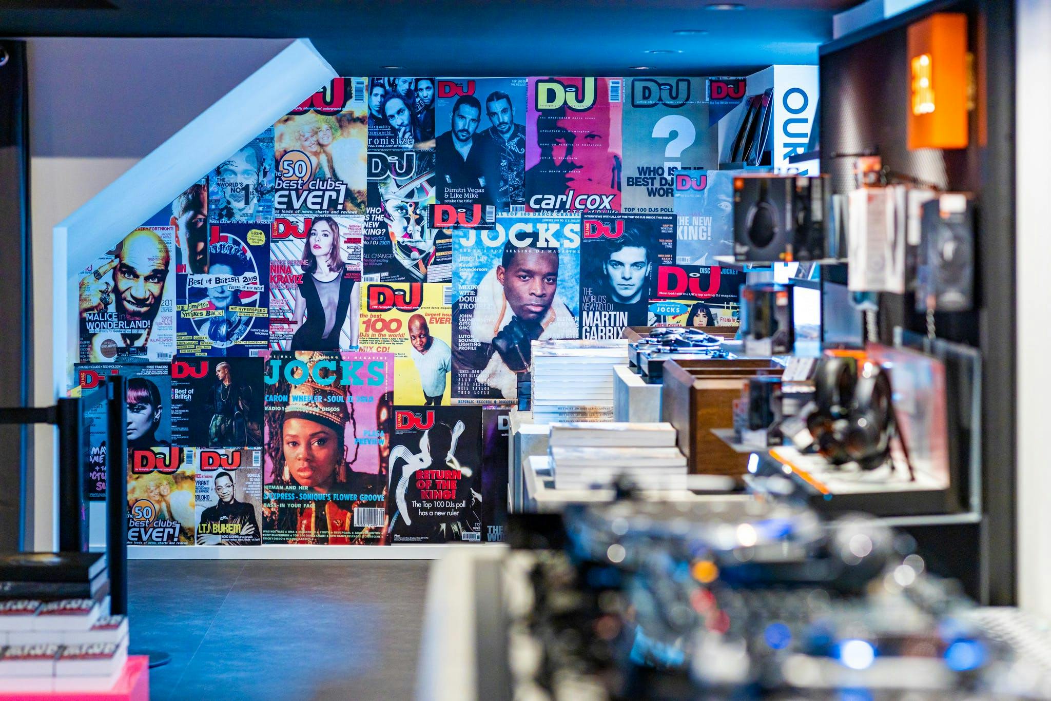concept store with electronic music vinyl, dj gear books
